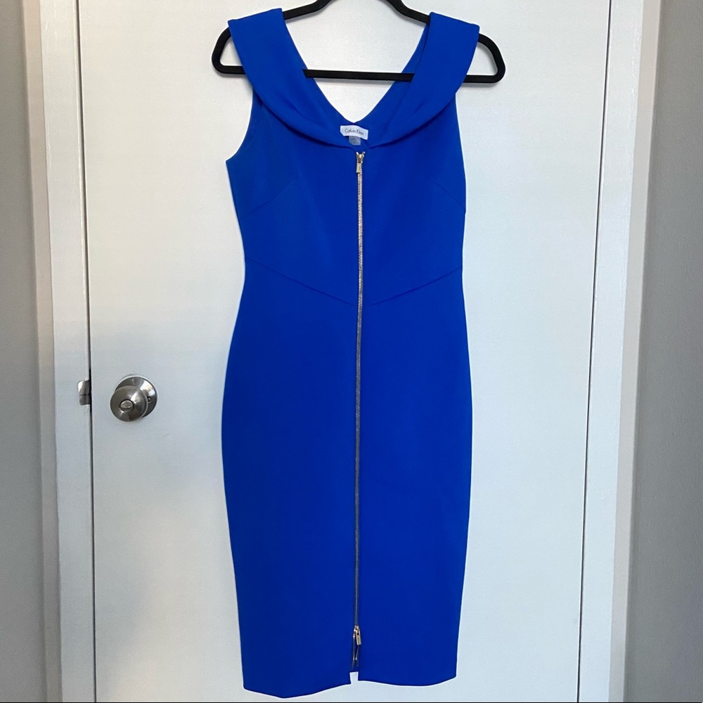 Calvin Klein Sleeveless Zipper Font Midi Body Con Dress Cobalt Blue Size 8